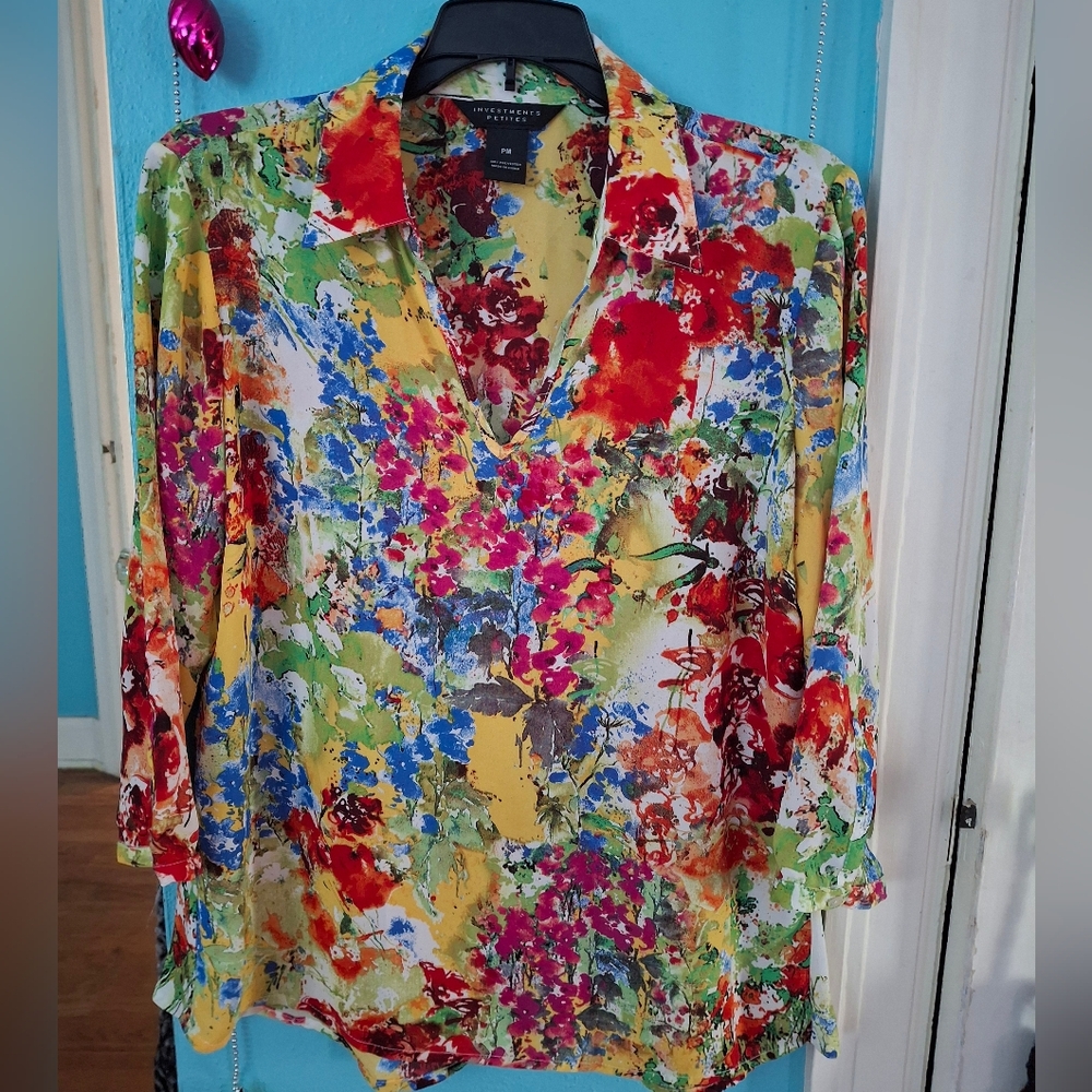 Investments Petites Womens PM Watercolor Tunic Floral Foliage Art Collar 3/4 Slv